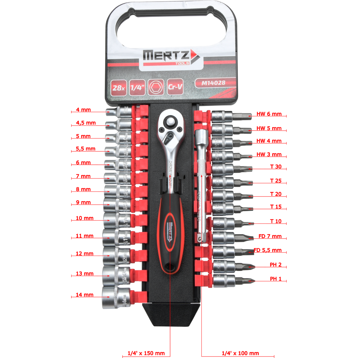 Zestaw grzechotka Mertz klucze nasadowe bity 1/4" przedłużka 28szt M14028