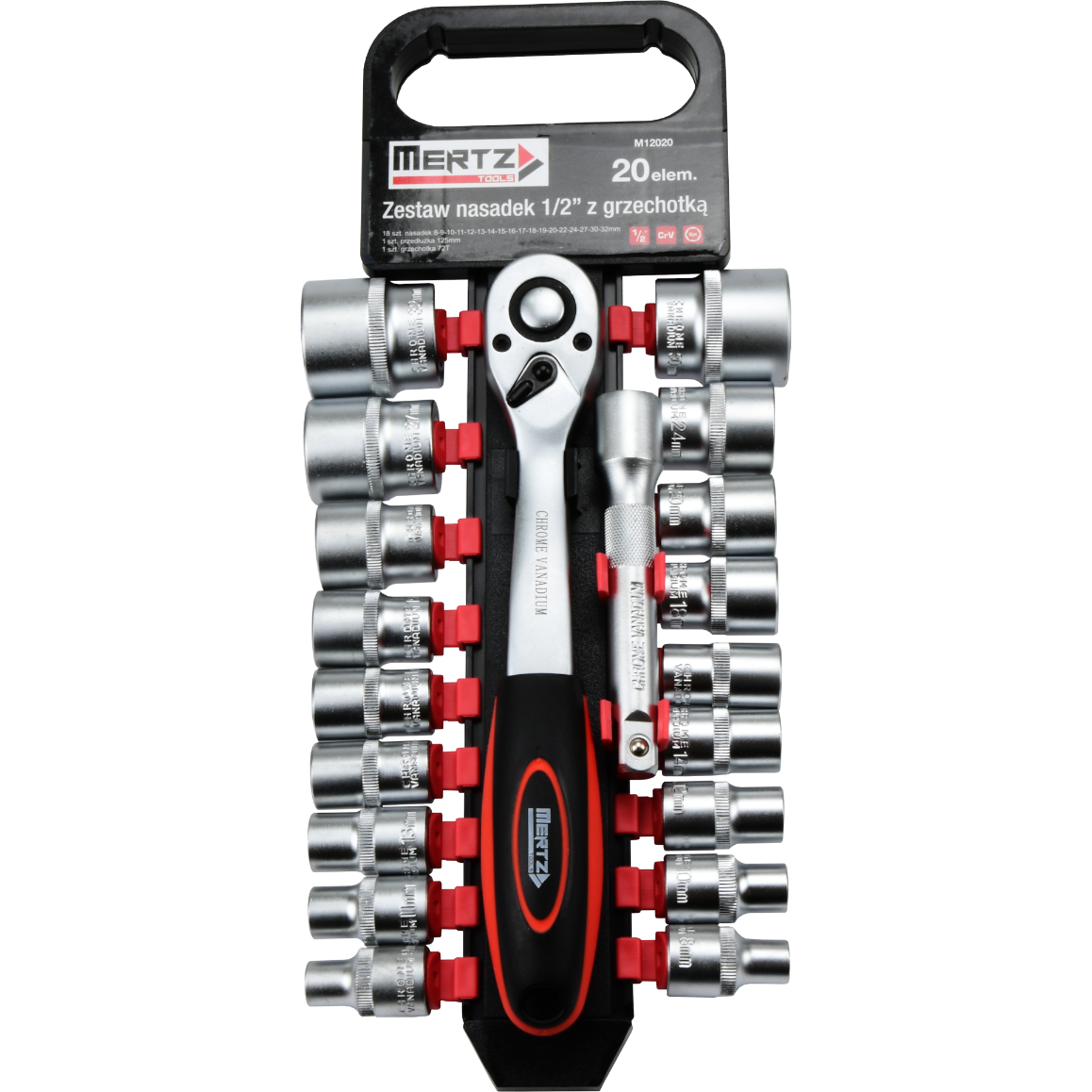 Zestaw grzechotka Mertz klucze nasadowe 1/2" przedłużka 8-32mm 20szt M12020