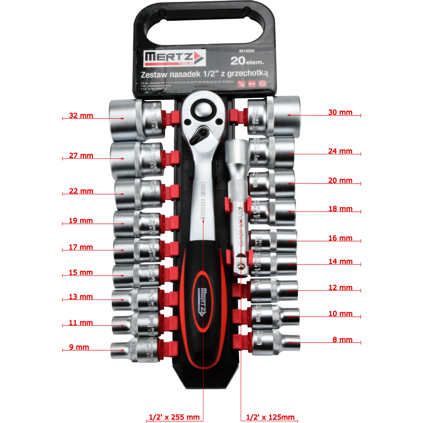 Zestaw grzechotka Mertz klucze nasadowe 1/2" przedłużka 8-32mm 20szt M12020