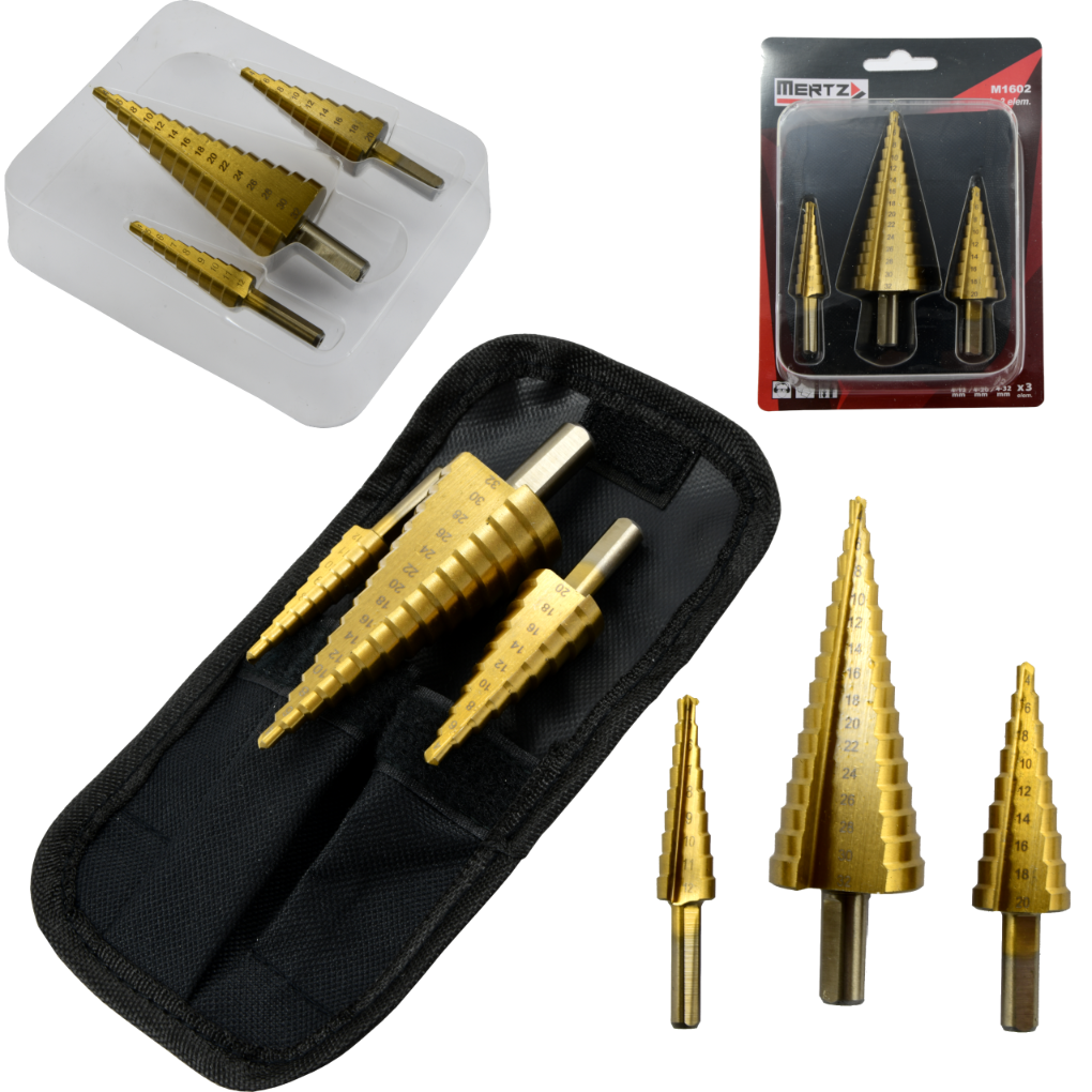 Wiertło stożkowe Mertz stopniowe do metalu HSS M1602 zestaw 3 sztuki 4-32mm