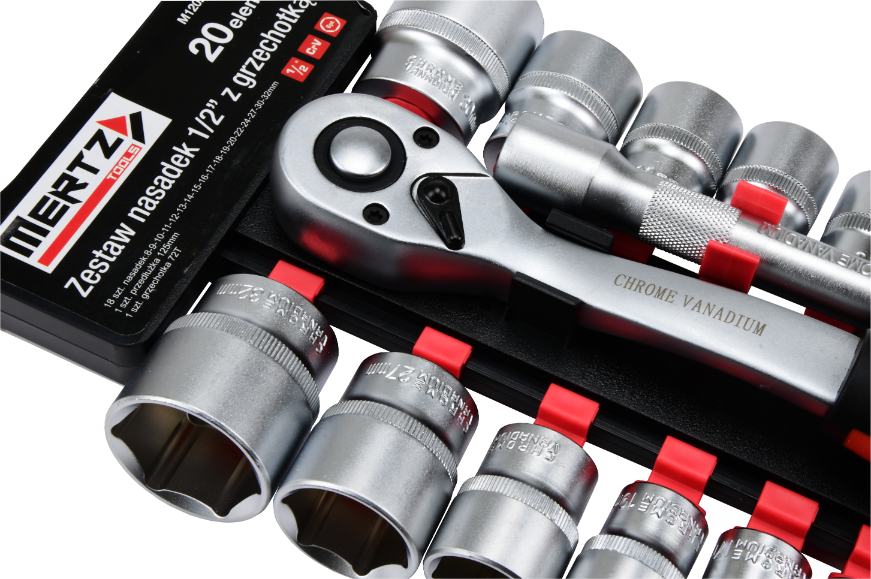 Zestaw grzechotka Mertz klucze nasadowe 1/2" przedłużka 8-32mm 20szt M12020