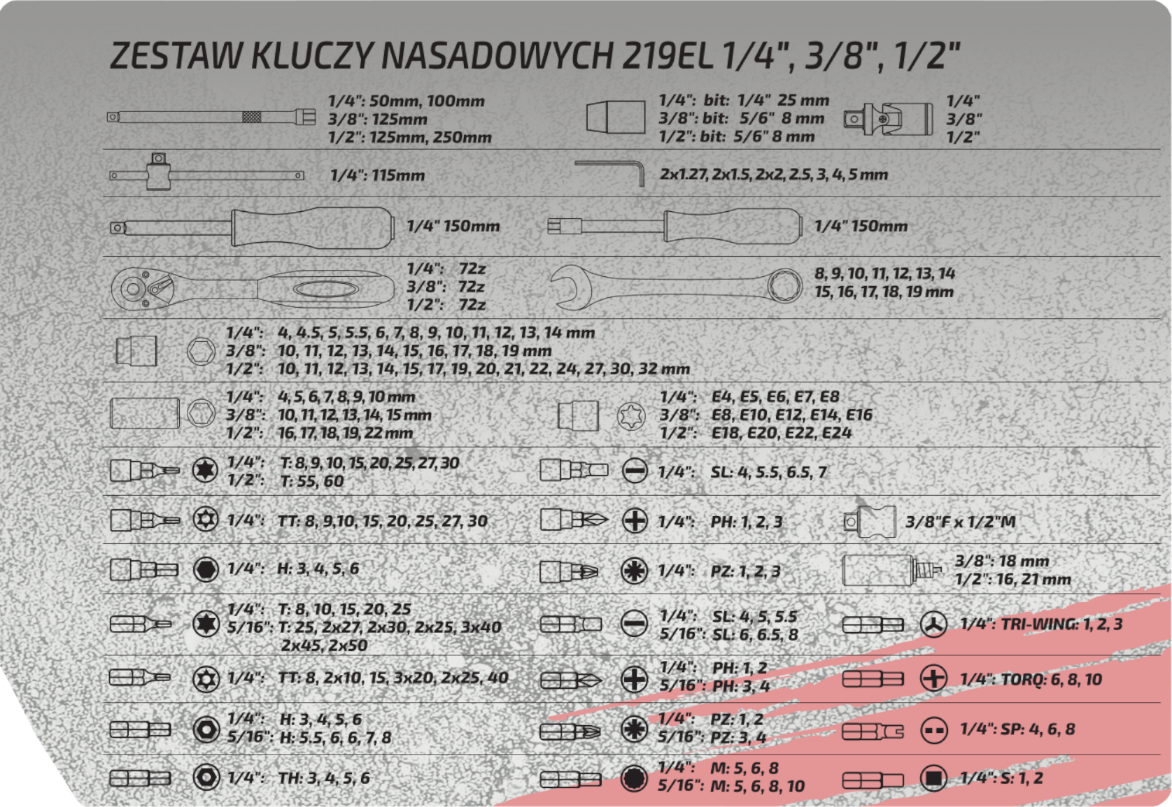 Zestaw kluczy nasadowych Mertz 1/4" 3/8" 1/2" nasadki bity 219szt M12219