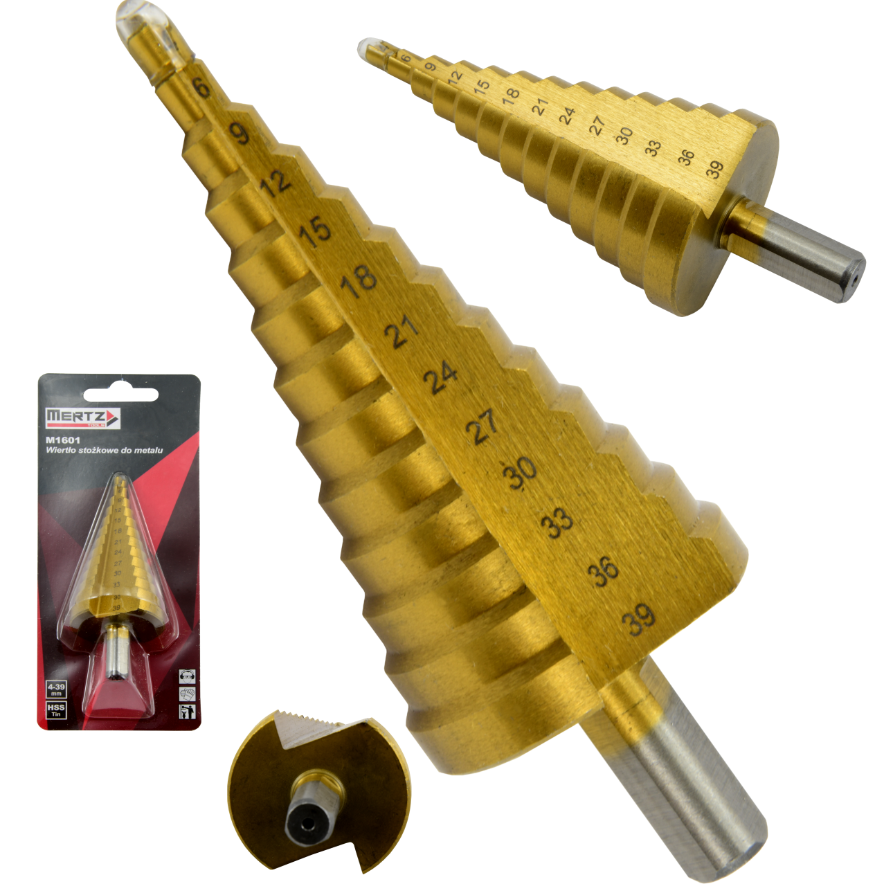 Wiertło stożkowe Mertz stopniowe choinkowe tytan do metalu HSS M1601 4-39mm