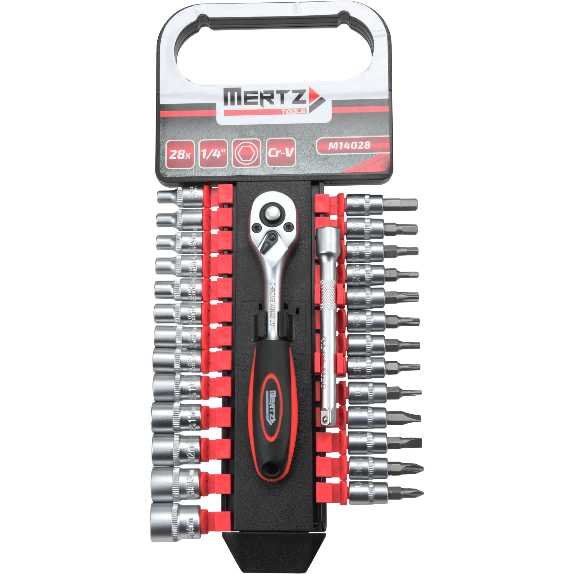 Zestaw grzechotka Mertz klucze nasadowe bity 1/4" przedłużka 28szt M14028