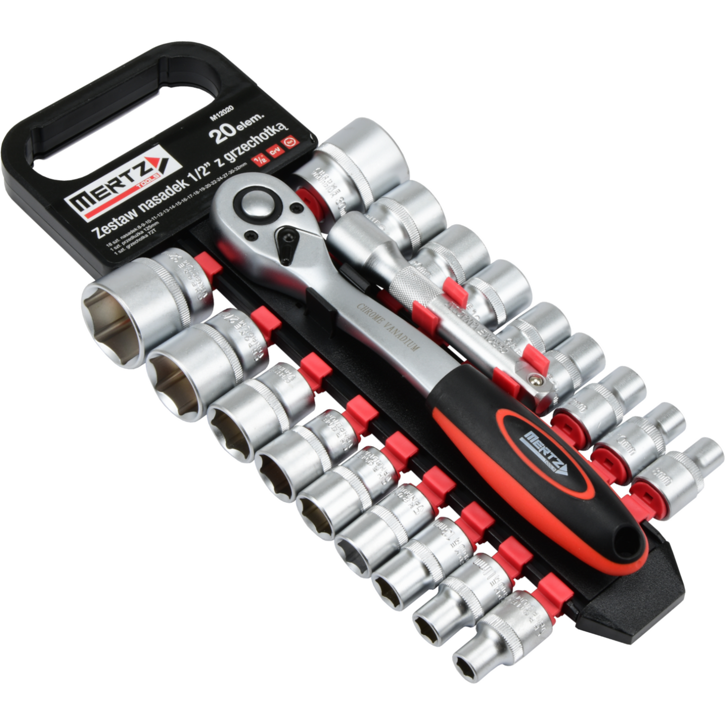Zestaw grzechotka Mertz klucze nasadowe 1/2" przedłużka 8-32mm 20szt M12020