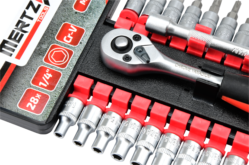 Zestaw grzechotka Mertz klucze nasadowe bity 1/4" przedłużka 28szt M14028